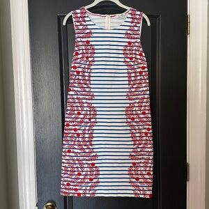 Boden Blue and White Striped Cotton Sheath Dress with Coral Floral Design Size 8